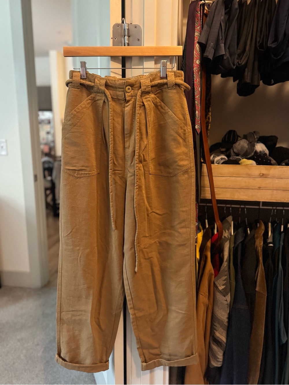 Free People Straight-Leg Paperbag Pants in Camel